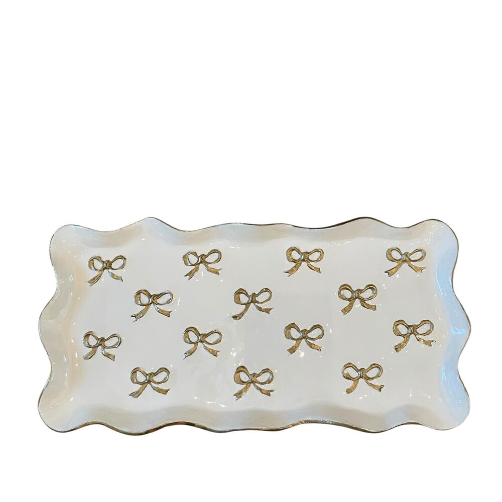 Gold Bow Enameled Rectangular Metal Serving Tray 16x7.5 Scalloped Made in India